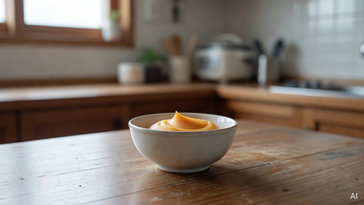 small ceramic baby bowl with pureed food on a wooden kitchen table, soft natural light from window