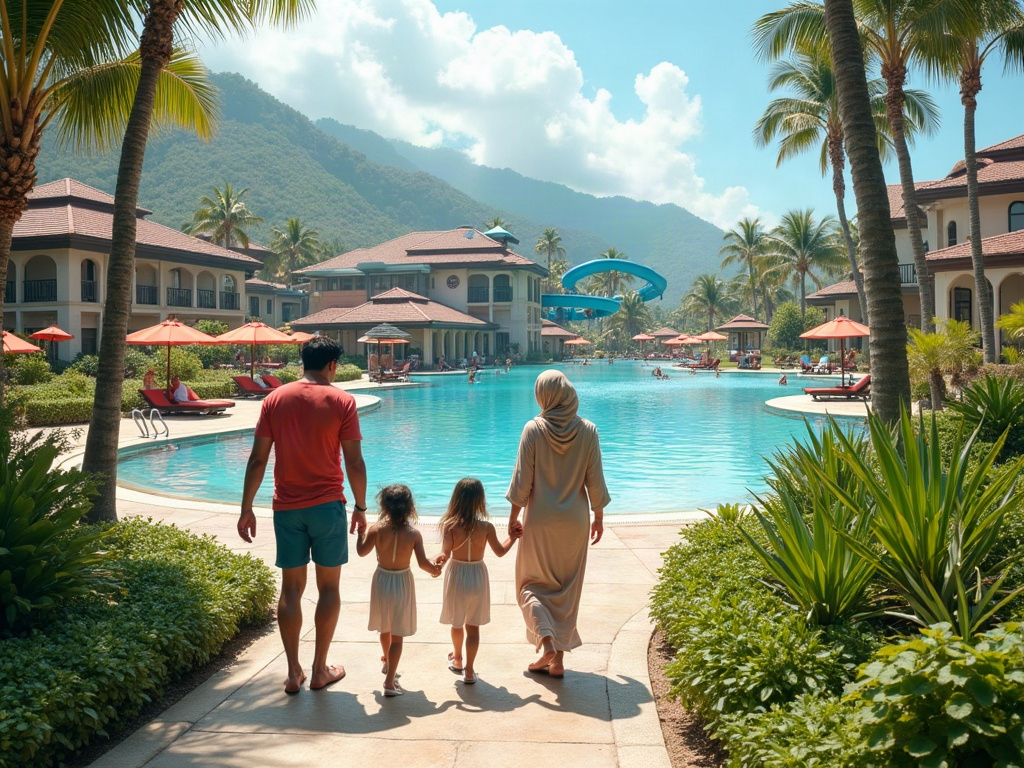 Comparison of tropical island family resort types: This collage displays a sprawling Beaches resort, a Four Seasons kids' pool, and an exterior of a private villa, illustrating the different types of tropical island resorts suitable for families.