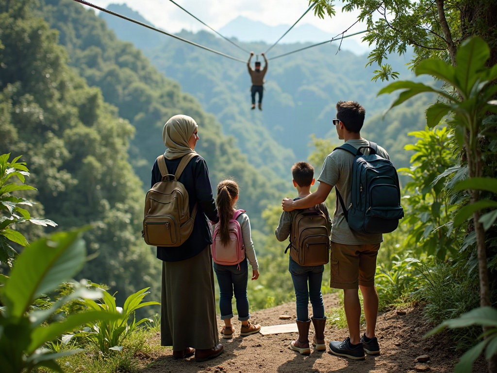 Photo collage showcasing diverse tropical island experiences, including zip-lining in Costa Rica, an overwater bungalow in Bora Bora, and a vibrant street market in Phuket, illustrating destinations tailored for specific family needs.