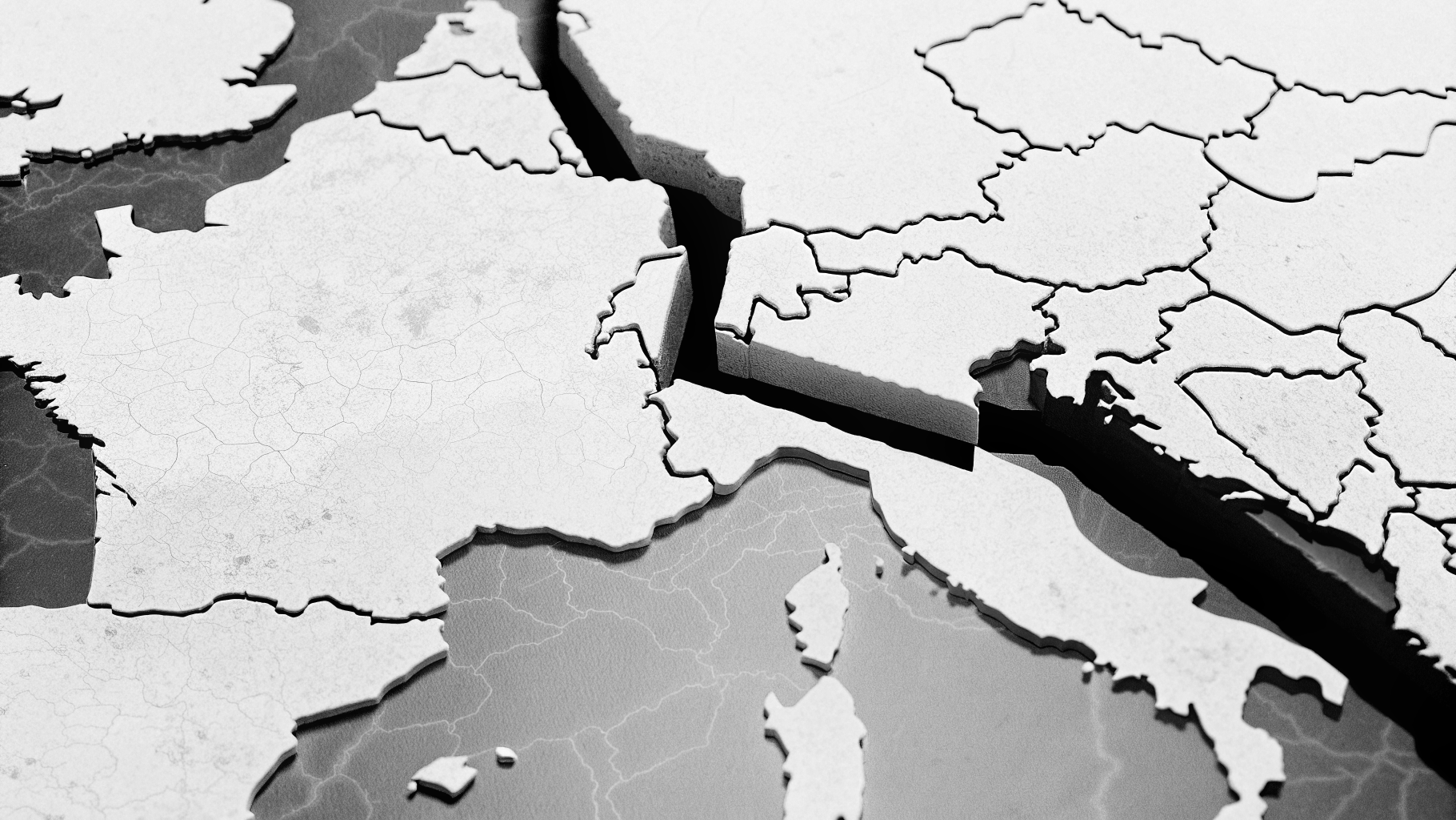 Illustration abstraite d’une carte européenne fragmentée et d’un équilibre politique fragilisé