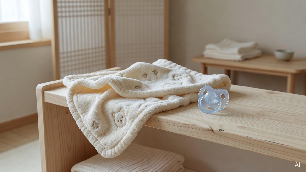 close-up of a soft baby blanket and pacifier on a wooden nursery shelf