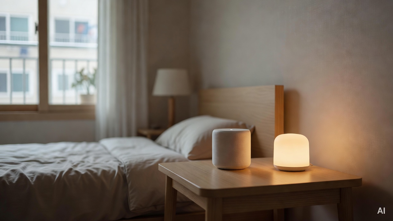 white noise machine and dim night light placed on a bedside table in a quiet room