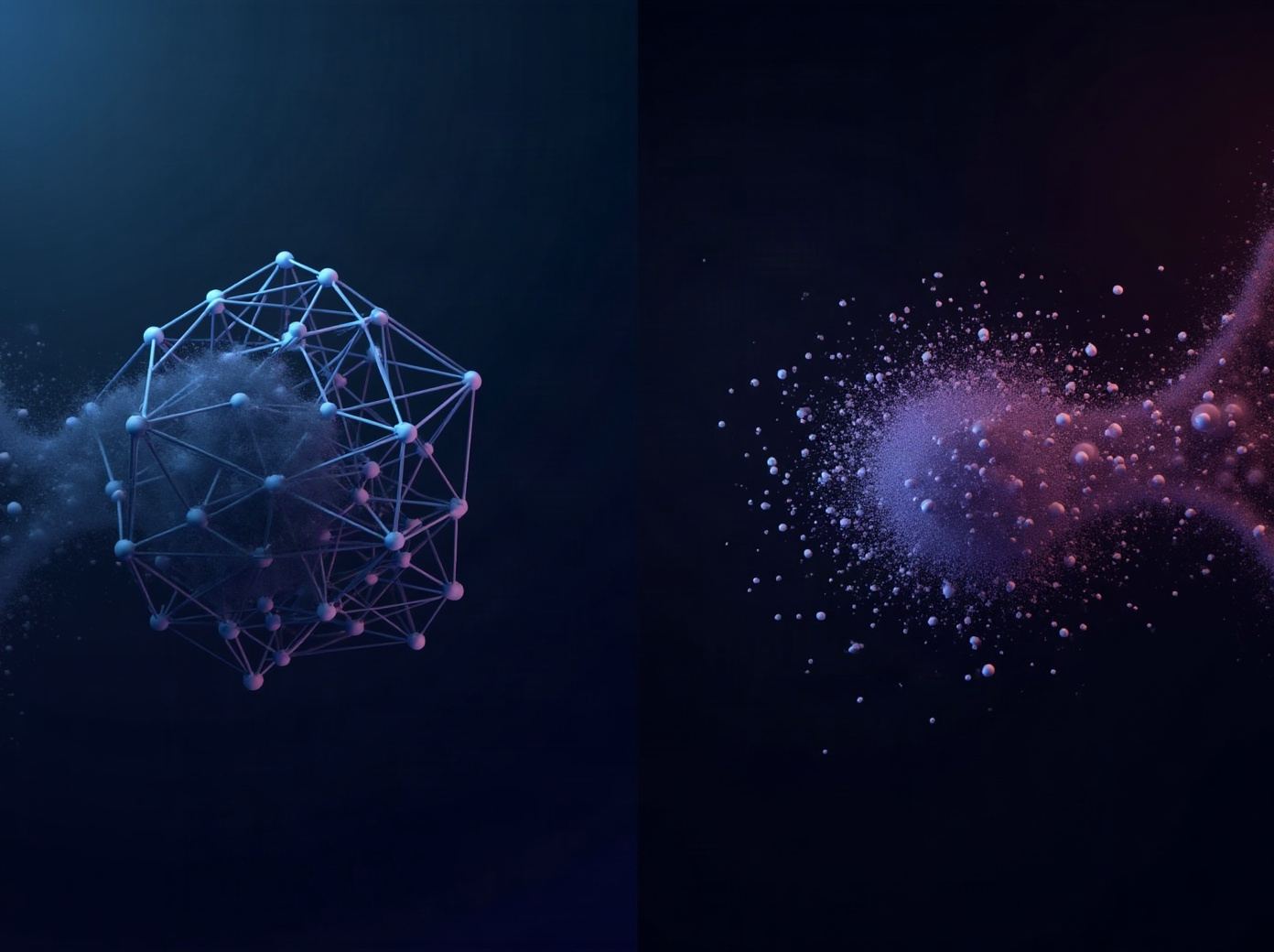 Two panels showing a rigid node lattice on the left dissolving into scattered particles on the right