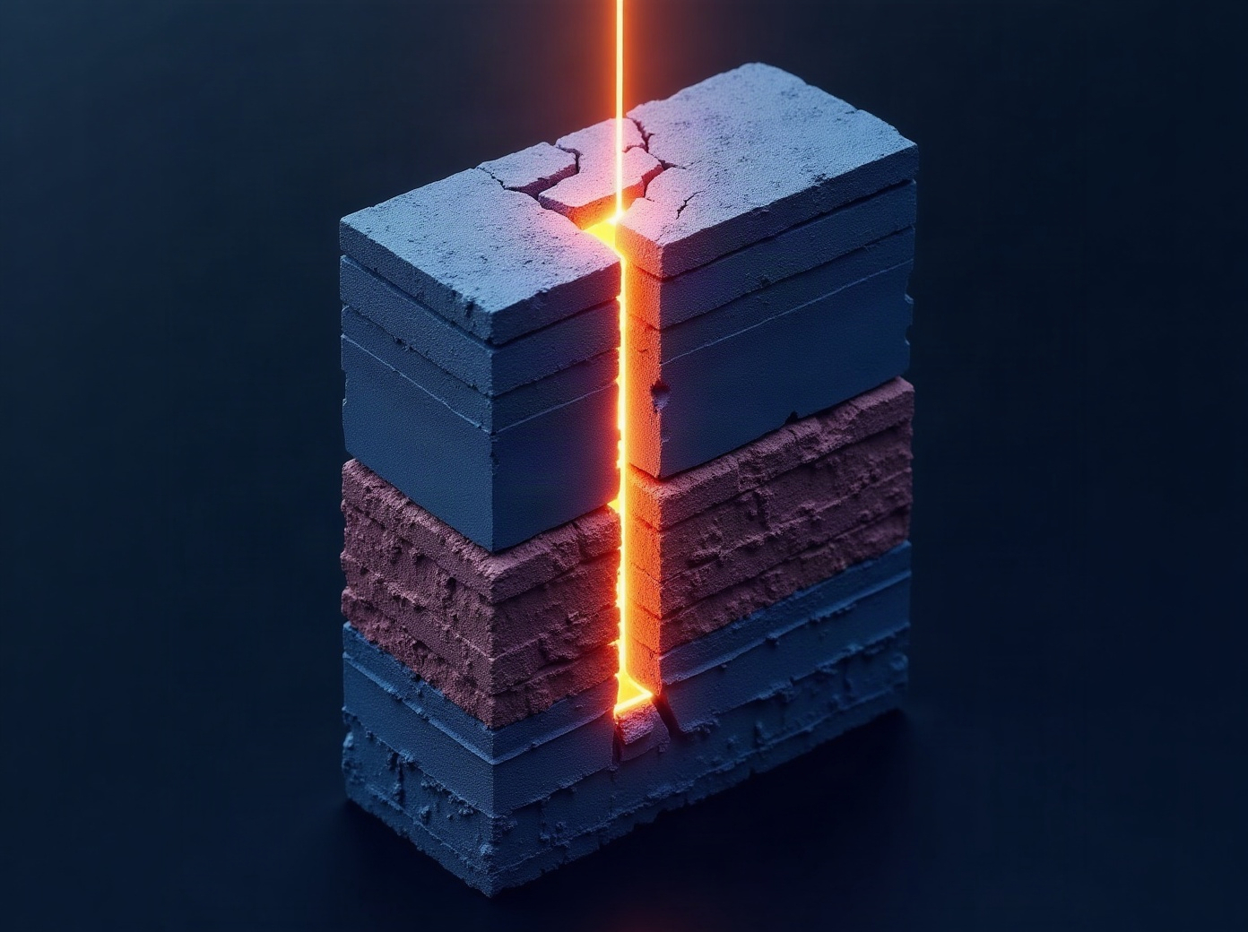 Abstract layered cross-section showing a vertical line passing cleanly through central layers but fracturing at the outer layers