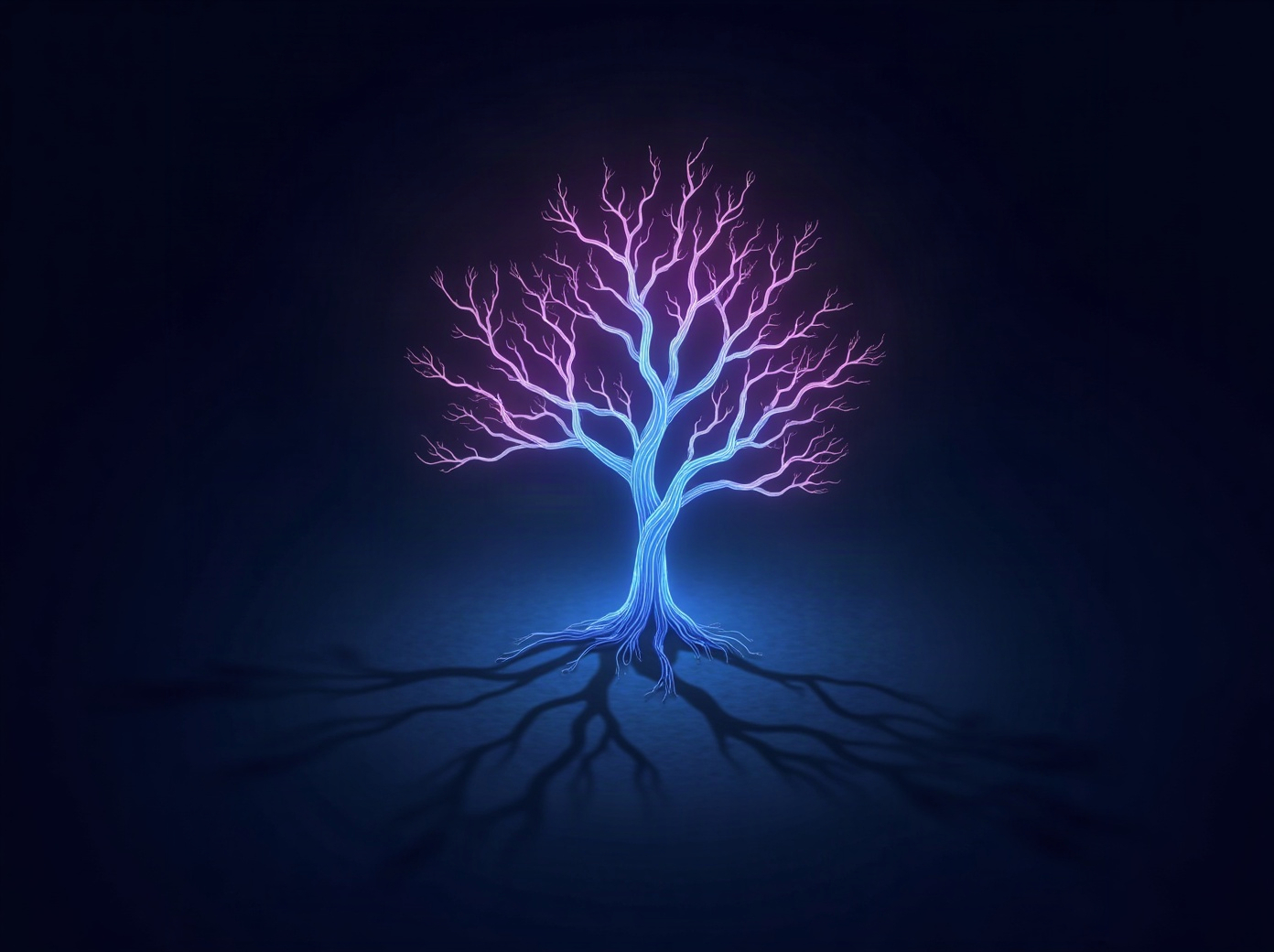 Abstract branching filament structure where branches grow thicker and brighter with each generation, some looping back on themselves