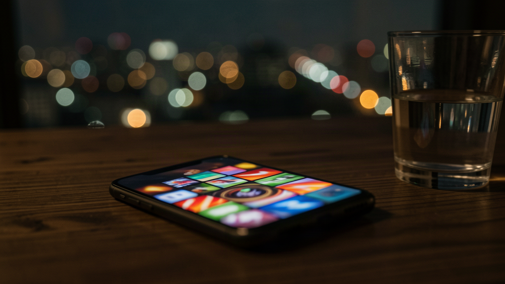 Smartphone acceso su una scrivania di notte