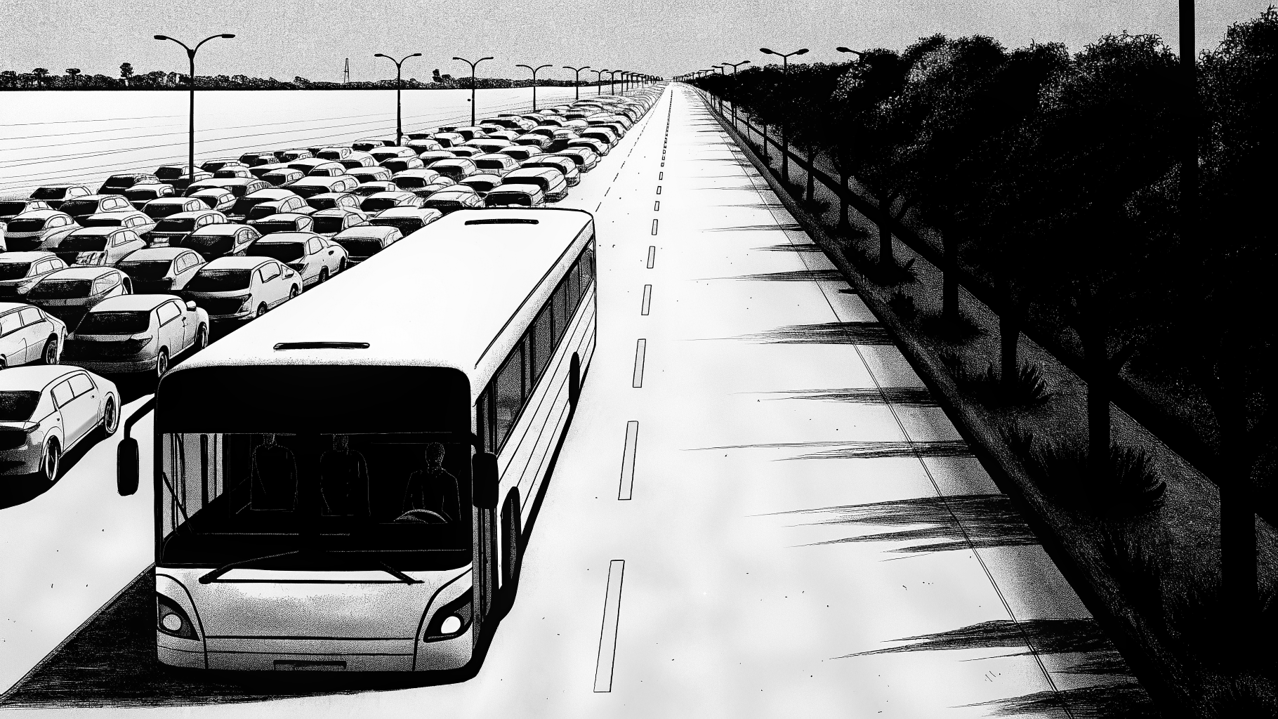 Illustration abstraite d’une métropole africaine confrontée à l’étalement urbain et à la congestion routière.
