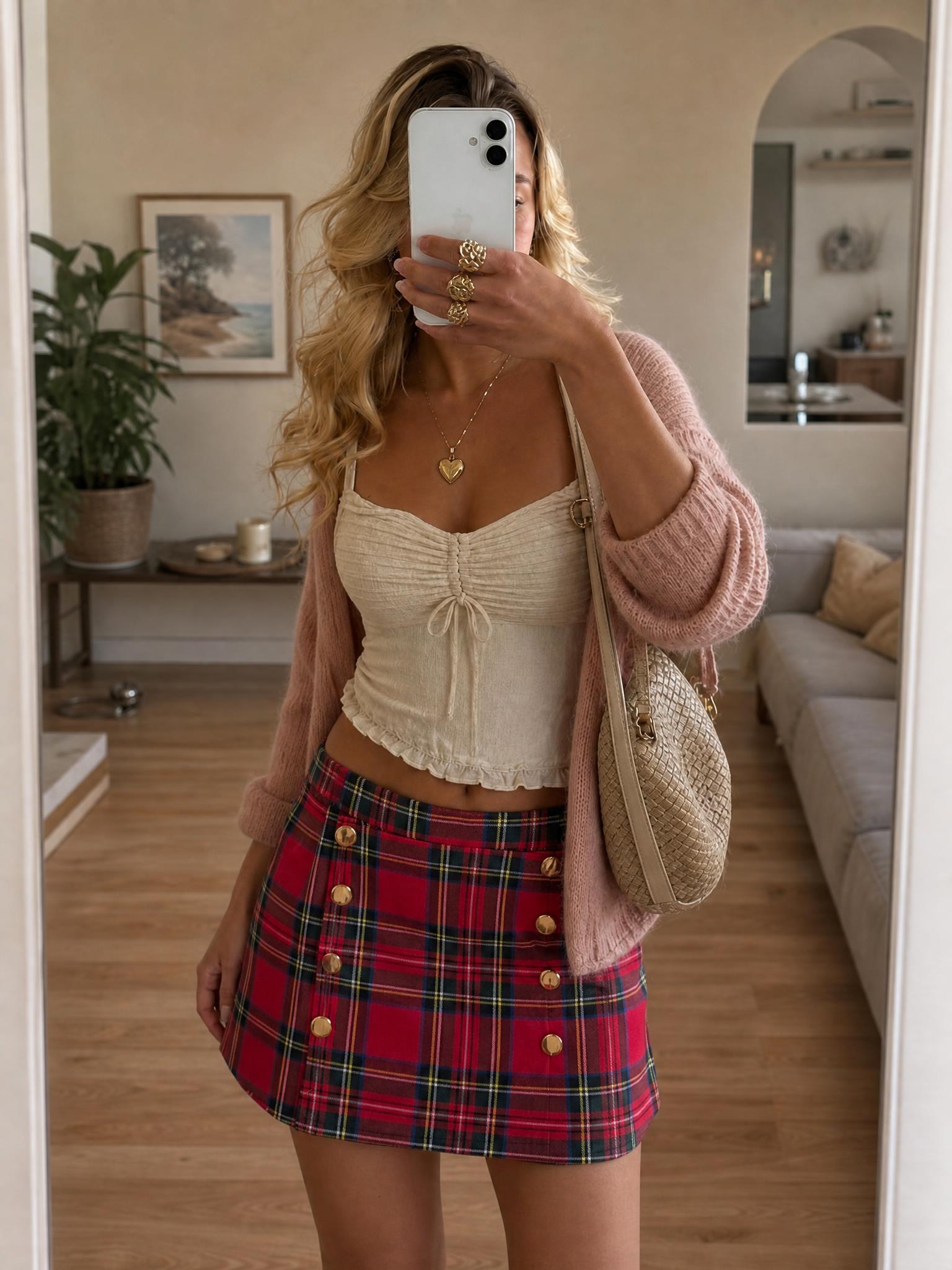 Tartan Plaid Mini Skirt with Gold Buttons