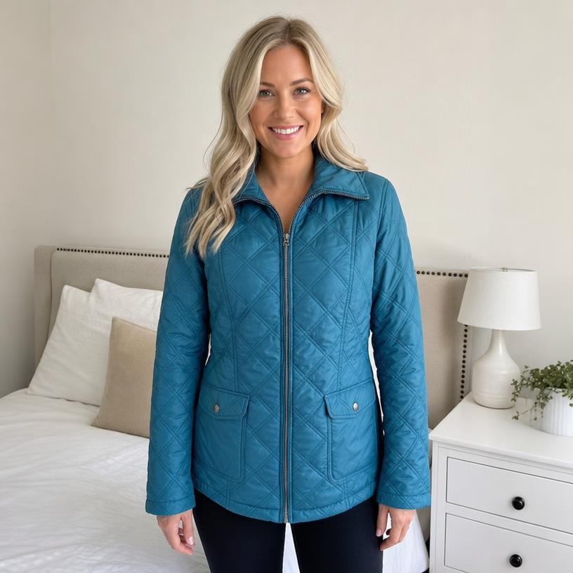 Teal Blue Quilted Jacket with Zip Front and Pockets