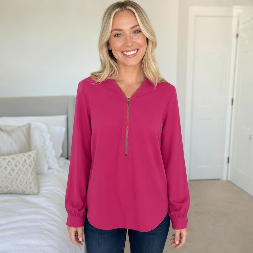 Magenta Pink Half-Zip Blouse with Gold-Tone Zip