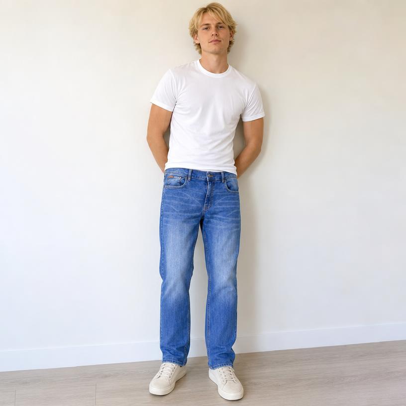 Blue Slim Straight-Leg Jeans with Faded Wash