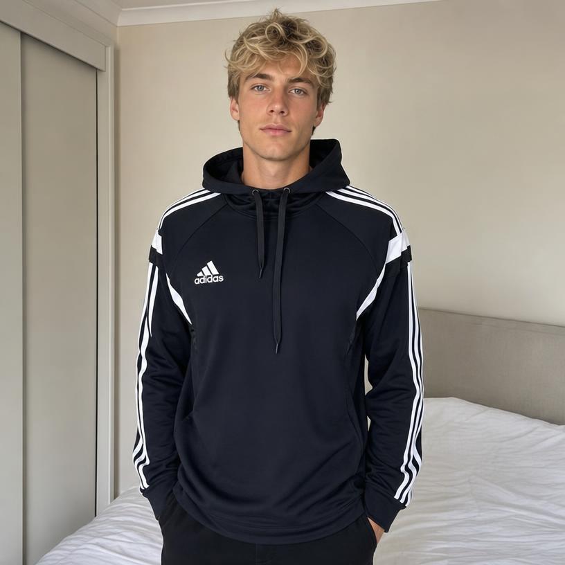 adidas Black Hooded Training Top with 3-Stripes