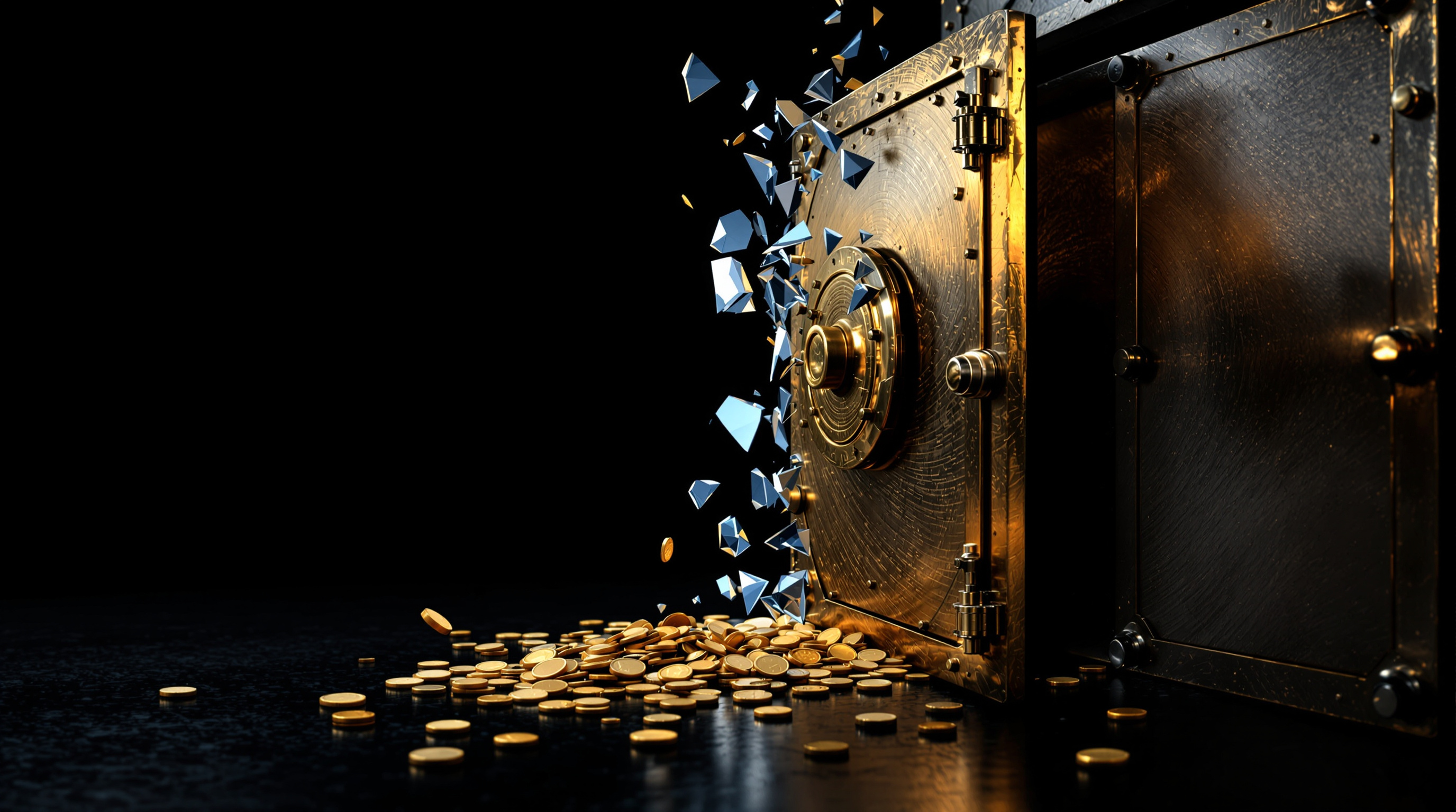 antique bank vault door (burnished brass/gold) cracked and partially open, inner chamber mostly emptied with a small pile of gold coins and floating s — editorial cover artwork for the Knightron story on Bitget CEO Says Exchange 'Not Expecting To Recover A Lot' Fr
