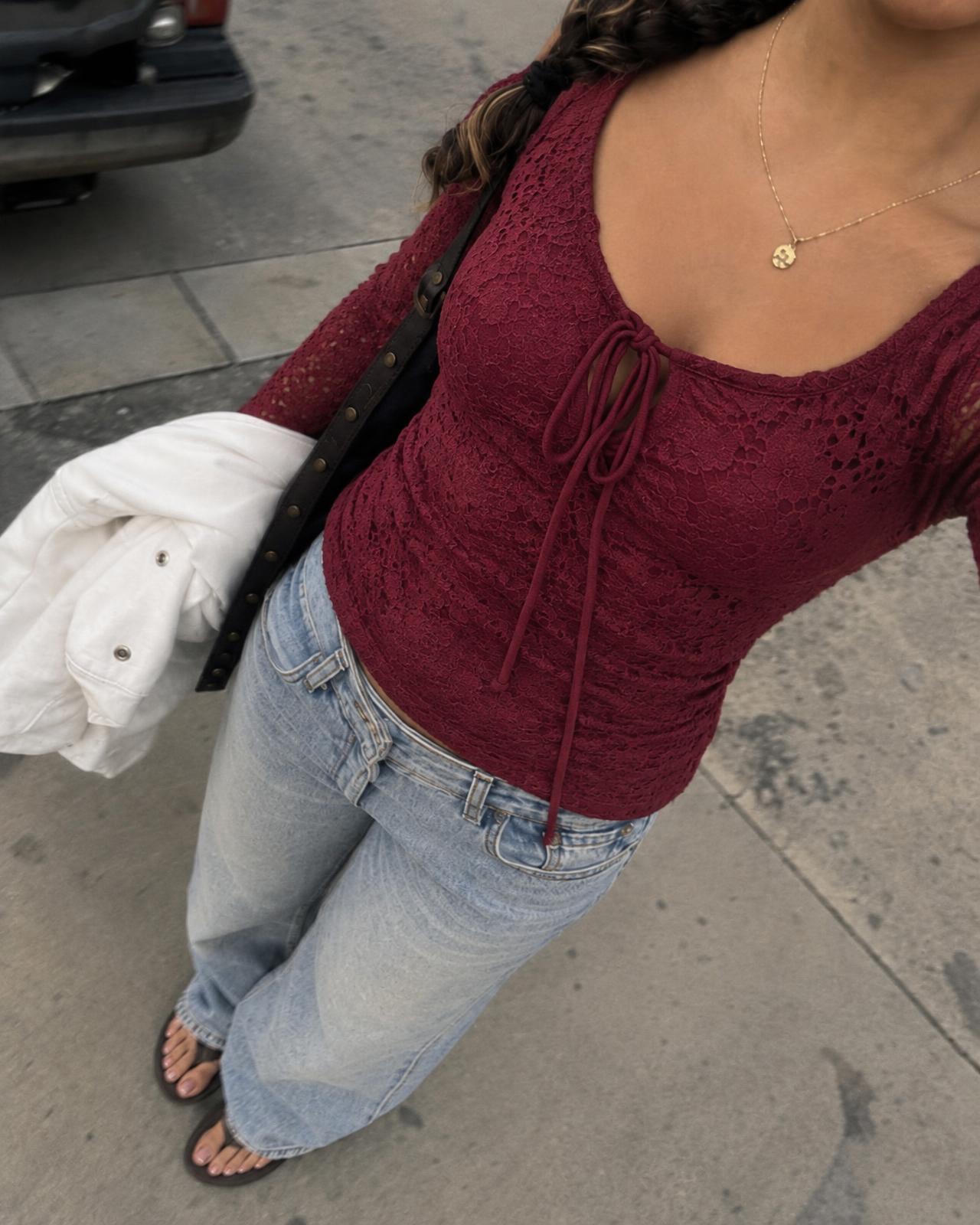 Hollister burgundy lace tie-front long sleeve top