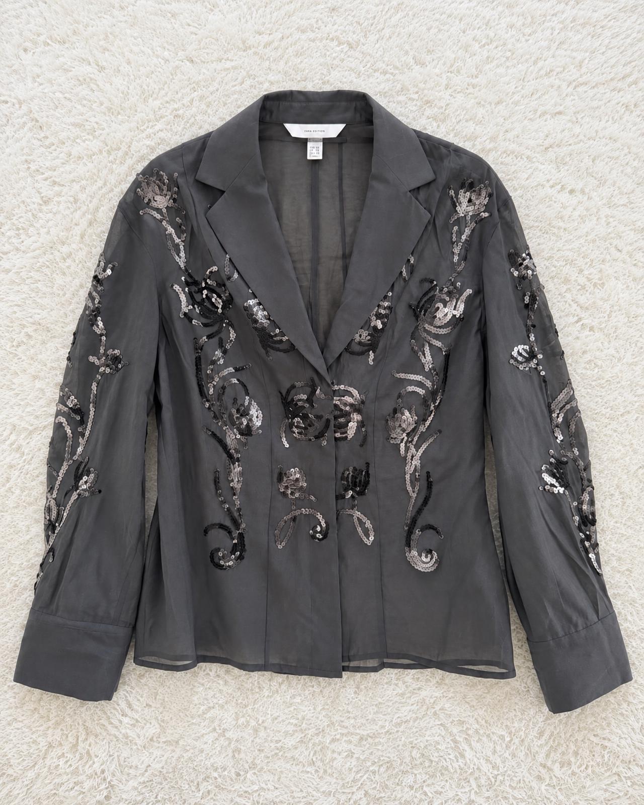 M&S Edition Sheer Embellished Grey Cropped Blazer