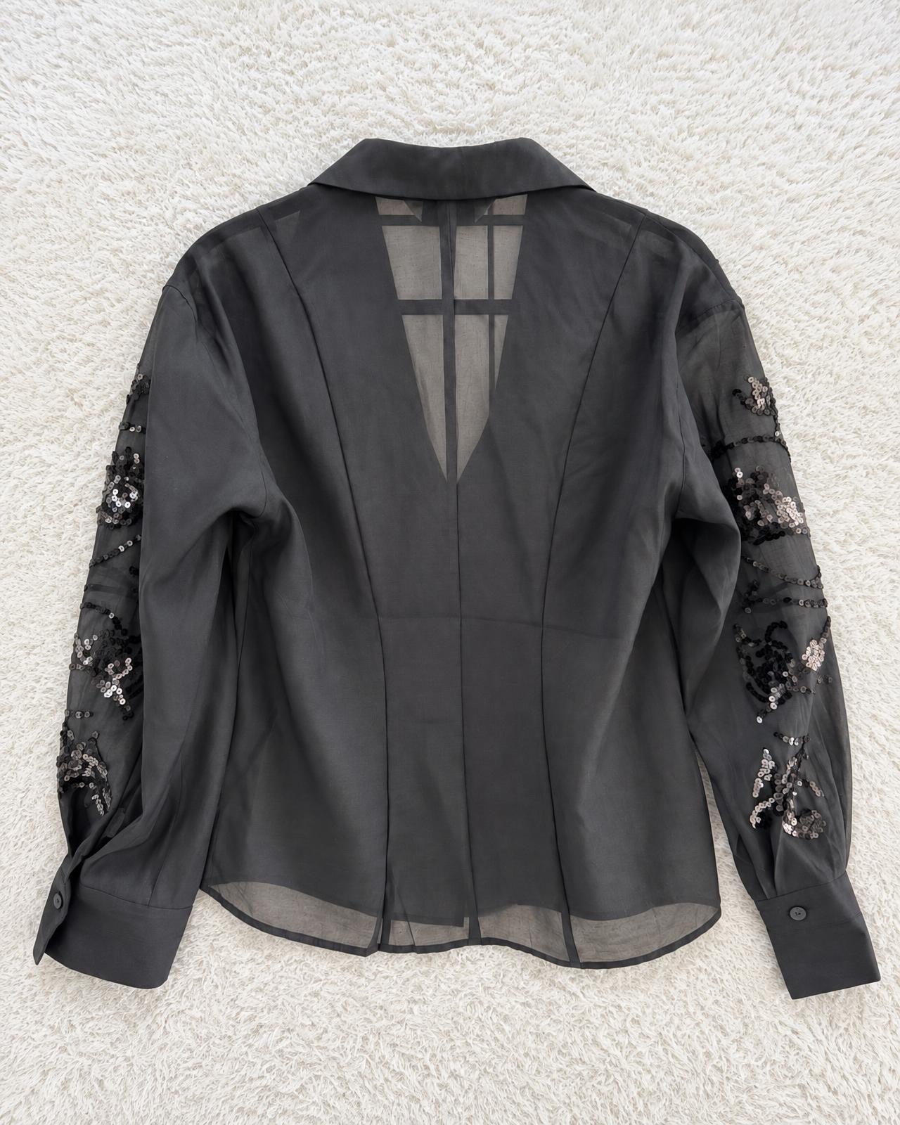 Embellished charcoal blazer with sheer sequin sleeves