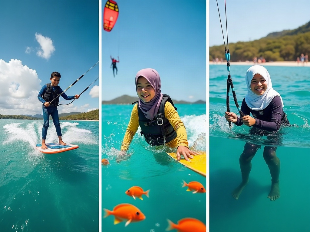 A family enjoying a water sports activity together, emphasizing both individual teen participation and collective family bonding.