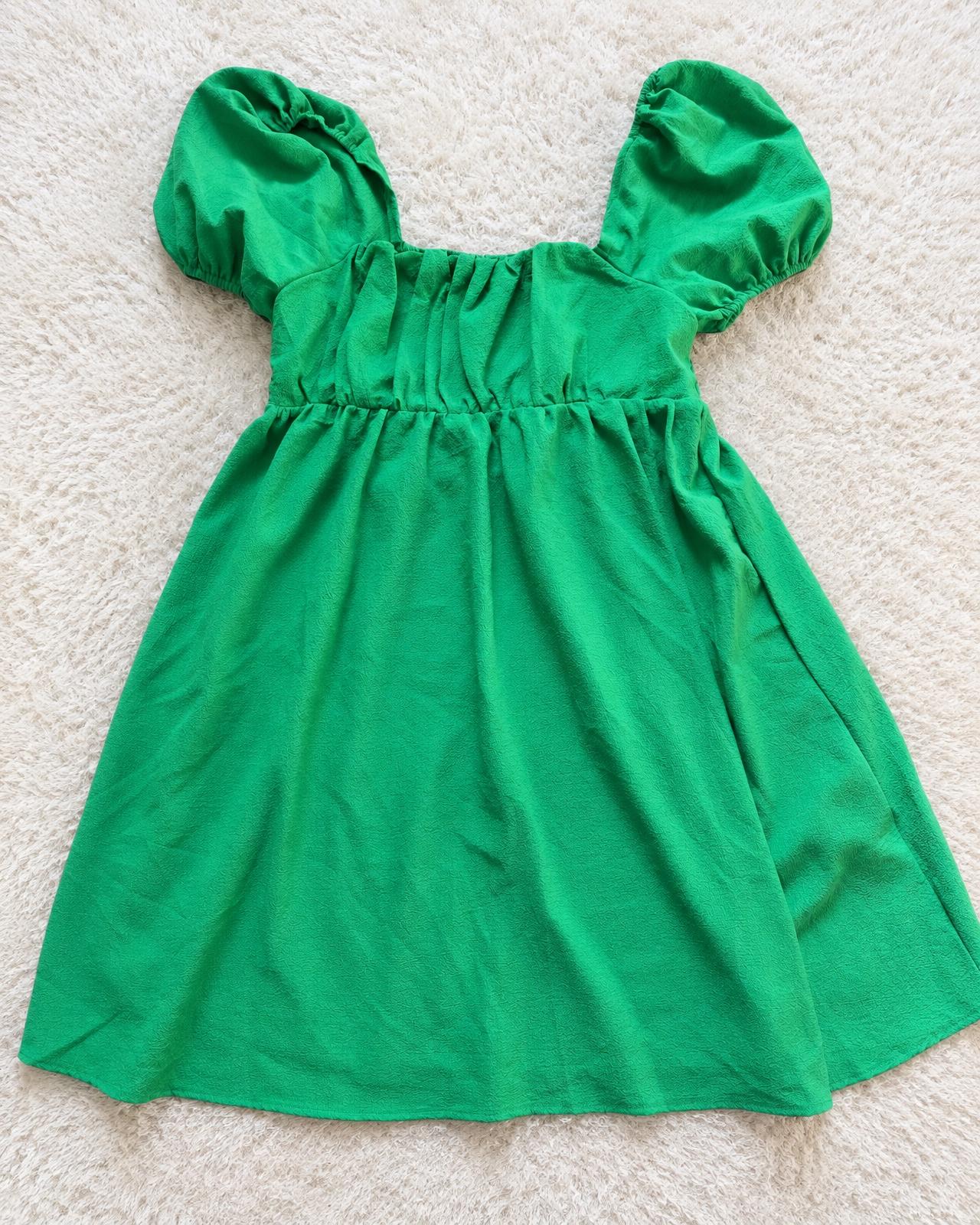 Green Textured Puff-Sleeve Mini Dress – Gathered Waist