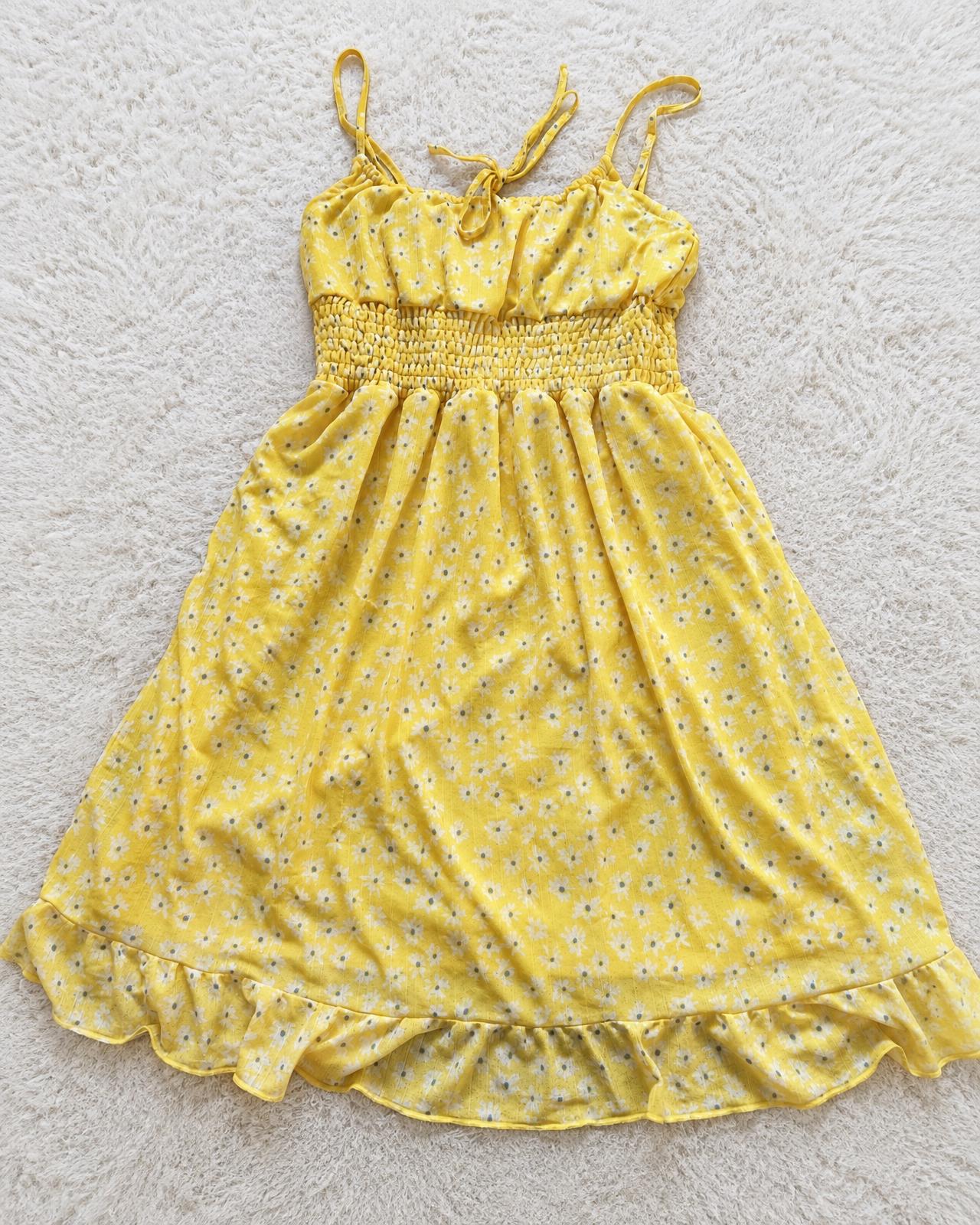 Yellow Floral Sundress with Shirred Bodice and Ruffle Hem