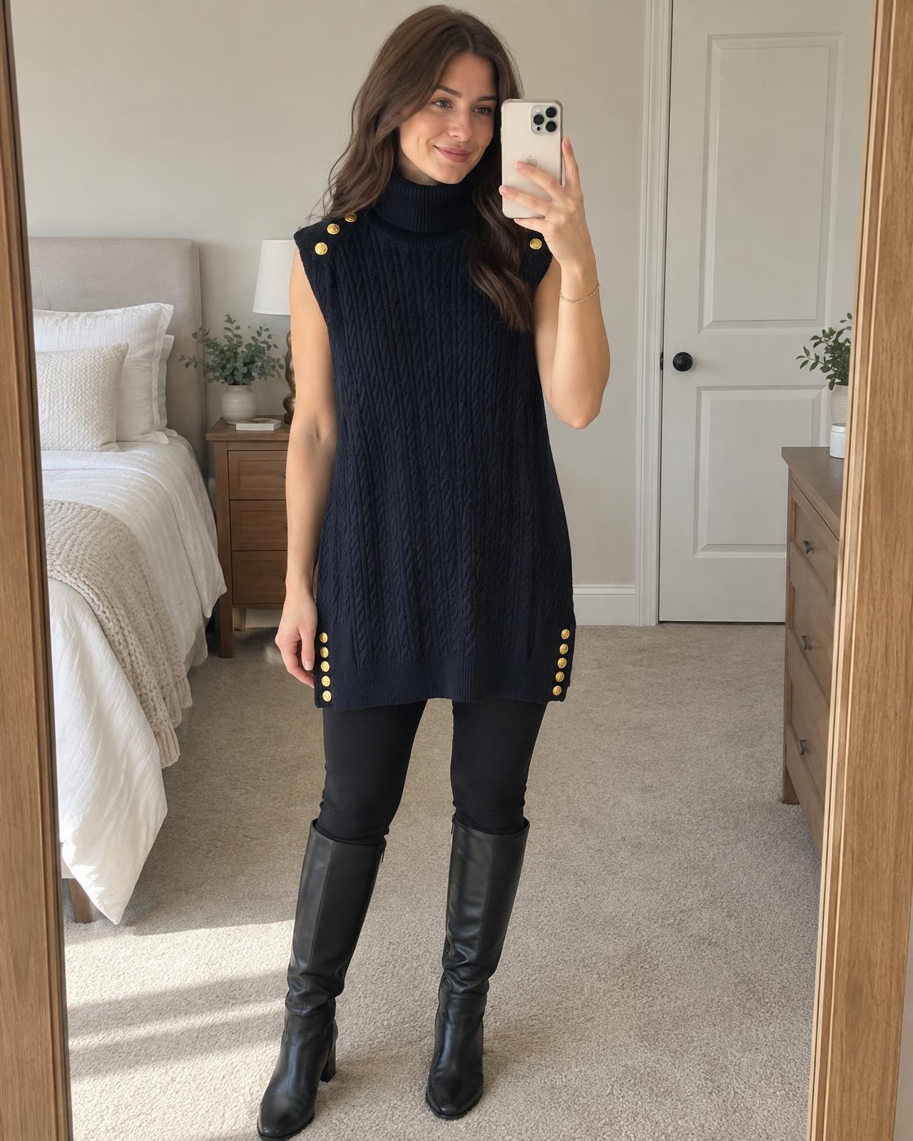 Black Cable Knit Sleeveless Jumper with Gold Buttons