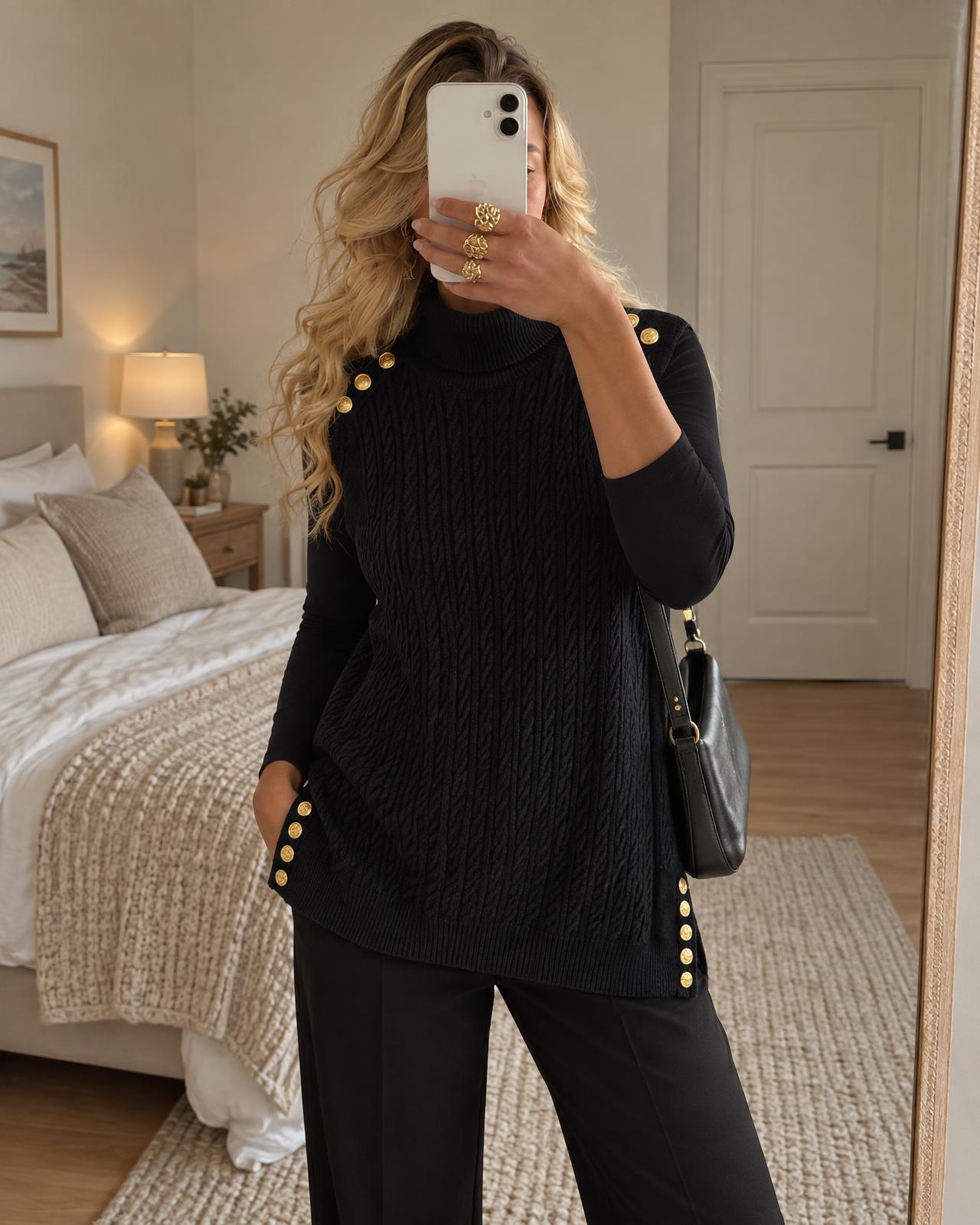 Black Cable Knit Sleeveless Tunic with Gold Buttons