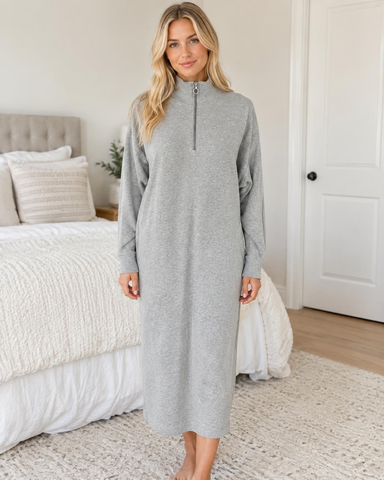 Grey Half-Zip Sweatshirt Dress with Long Sleeves