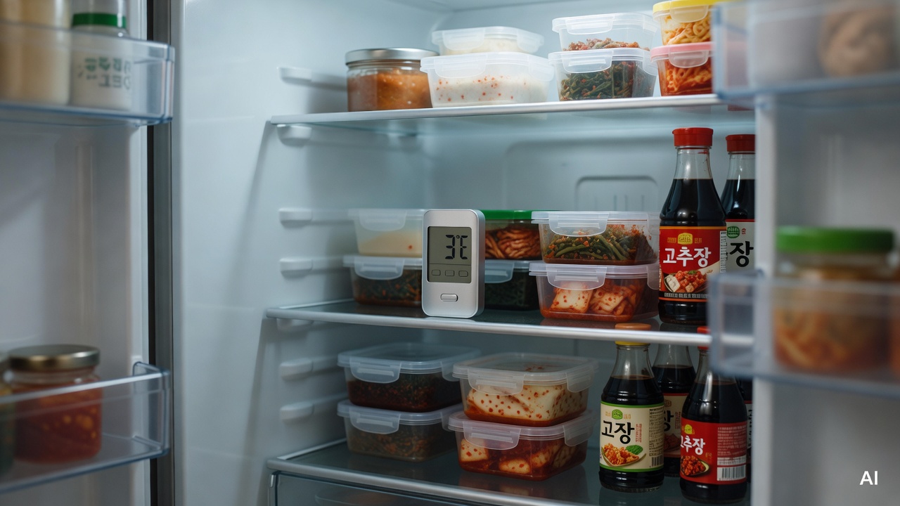 thermometer placed inside a refrigerator shelf showing temperature reading