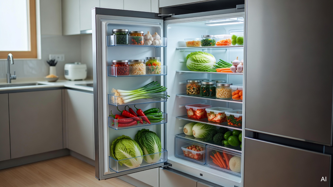 open refrigerator with organized shelves and fresh vegetables inside a modern kitchen