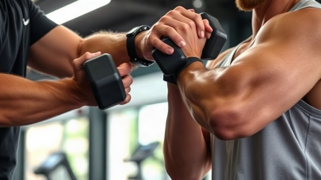 Close-up of a trainer's hands adjusting a beginner client's arm position during a dumbbell exercise,