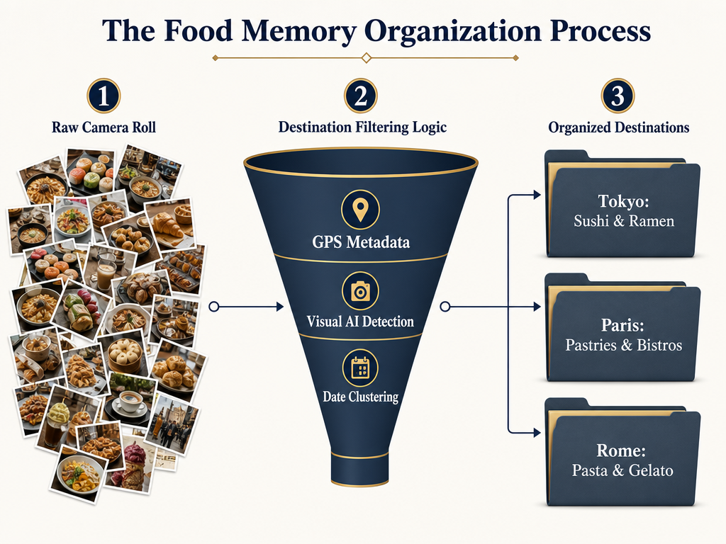 Infographic showing the workflow of filtering food memories from a chaotic camera roll into organized destination-based folders.