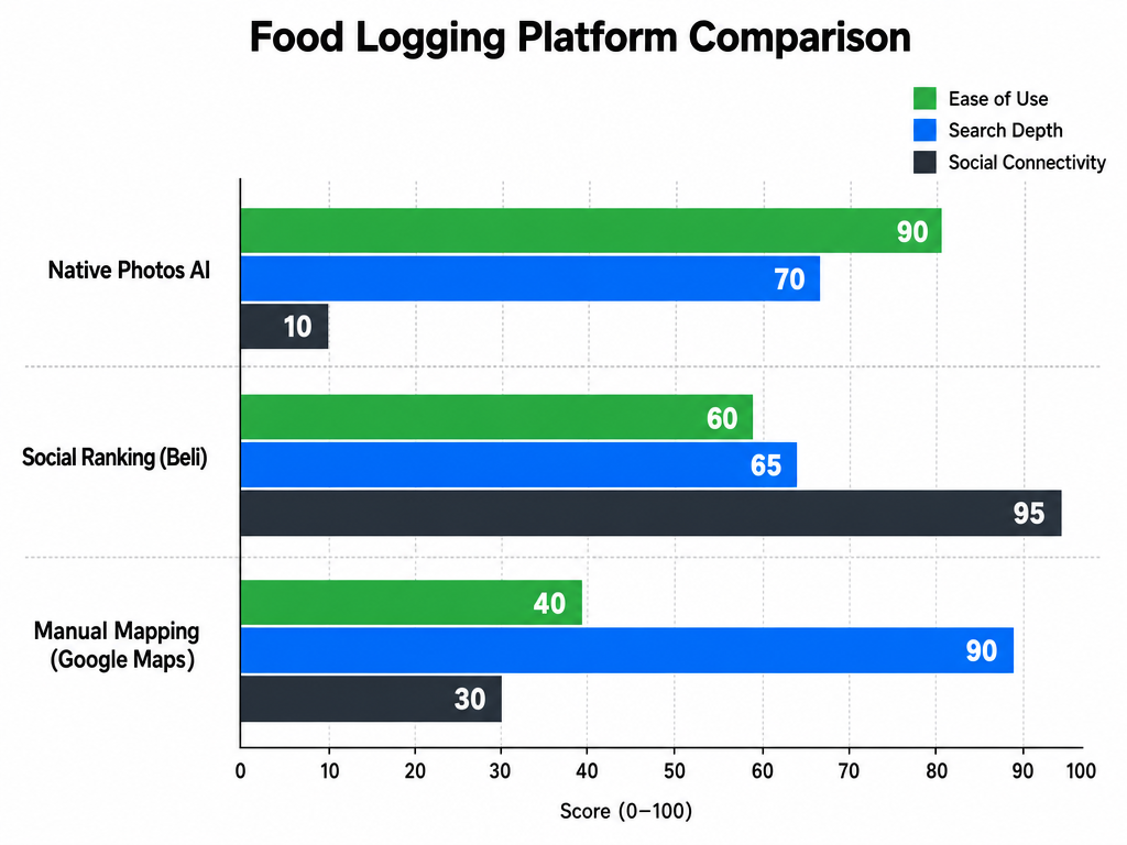Bar chart comparing food logging methods across effort levels, searchability, and social features for travelers and serious foodies.