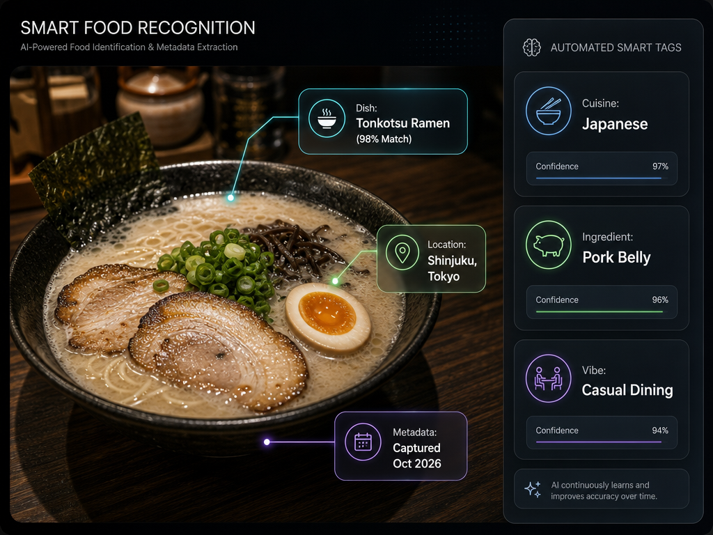 Visual representation of AI metadata extraction showing how an iPhone or Android identifies dish types and locations from a food photo.