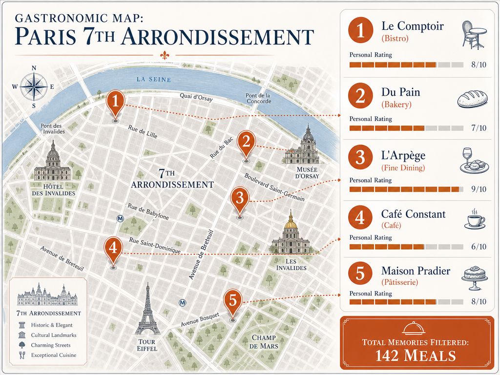 A destination food map mock-up for Paris showing specific pins for boulangeries and bistros with integrated memory snapshots.
