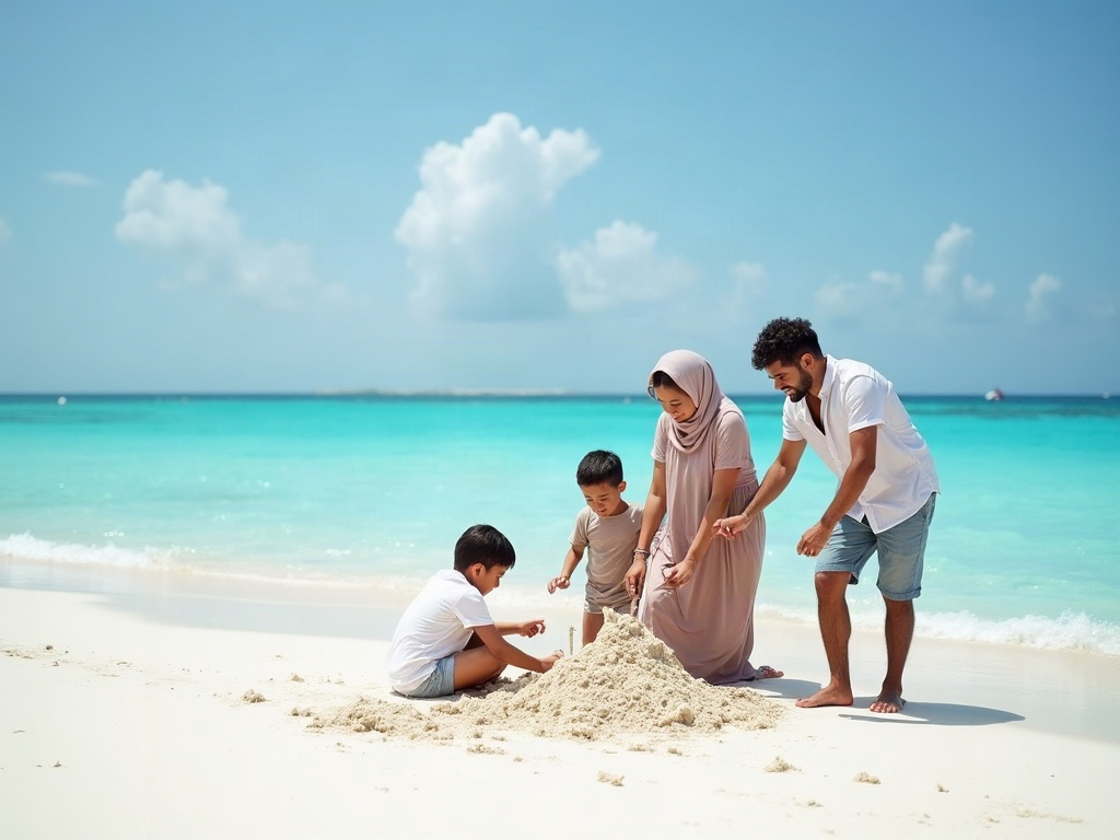 A multi-generational family enjoying various activities at a beach resort, with children swimming, adults relaxing, and teens engaged in watersports, all within a vibrant, contained environment.