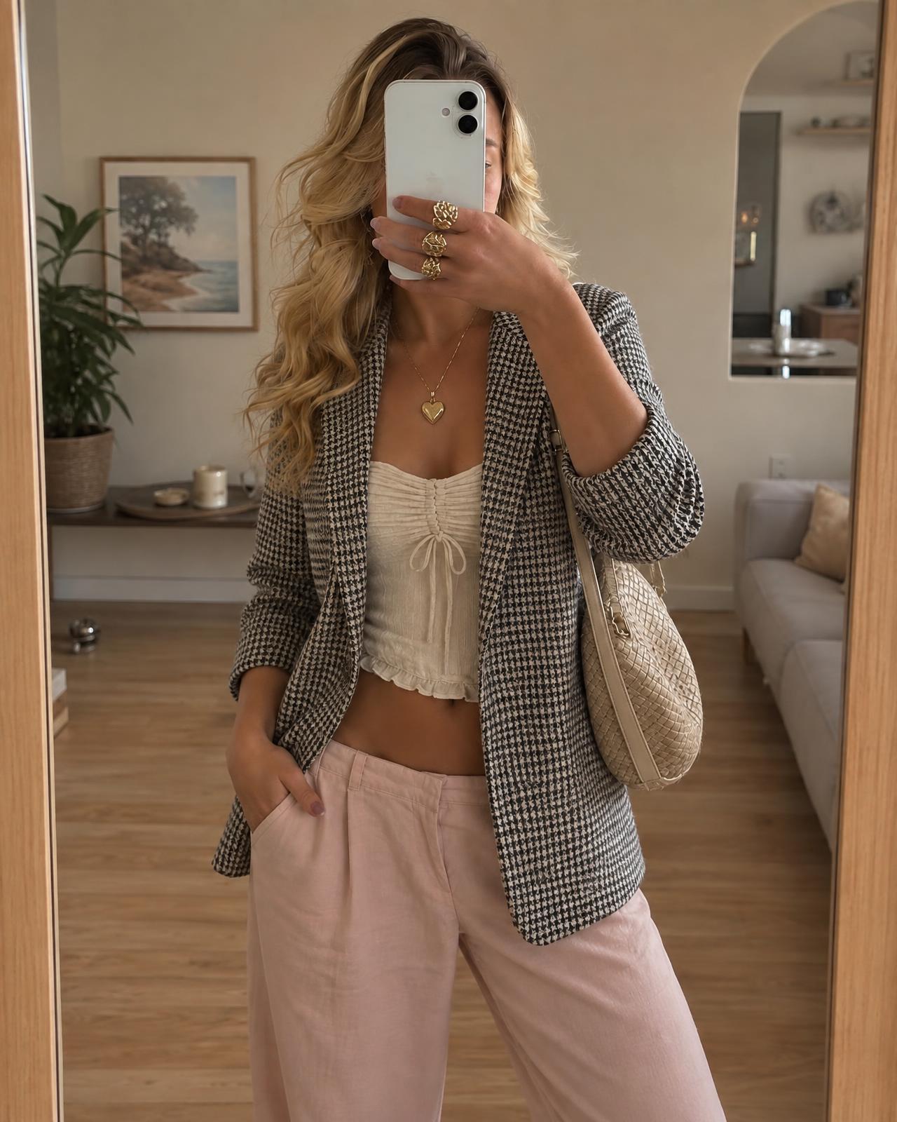 Black & Cream Houndstooth Longline Blazer