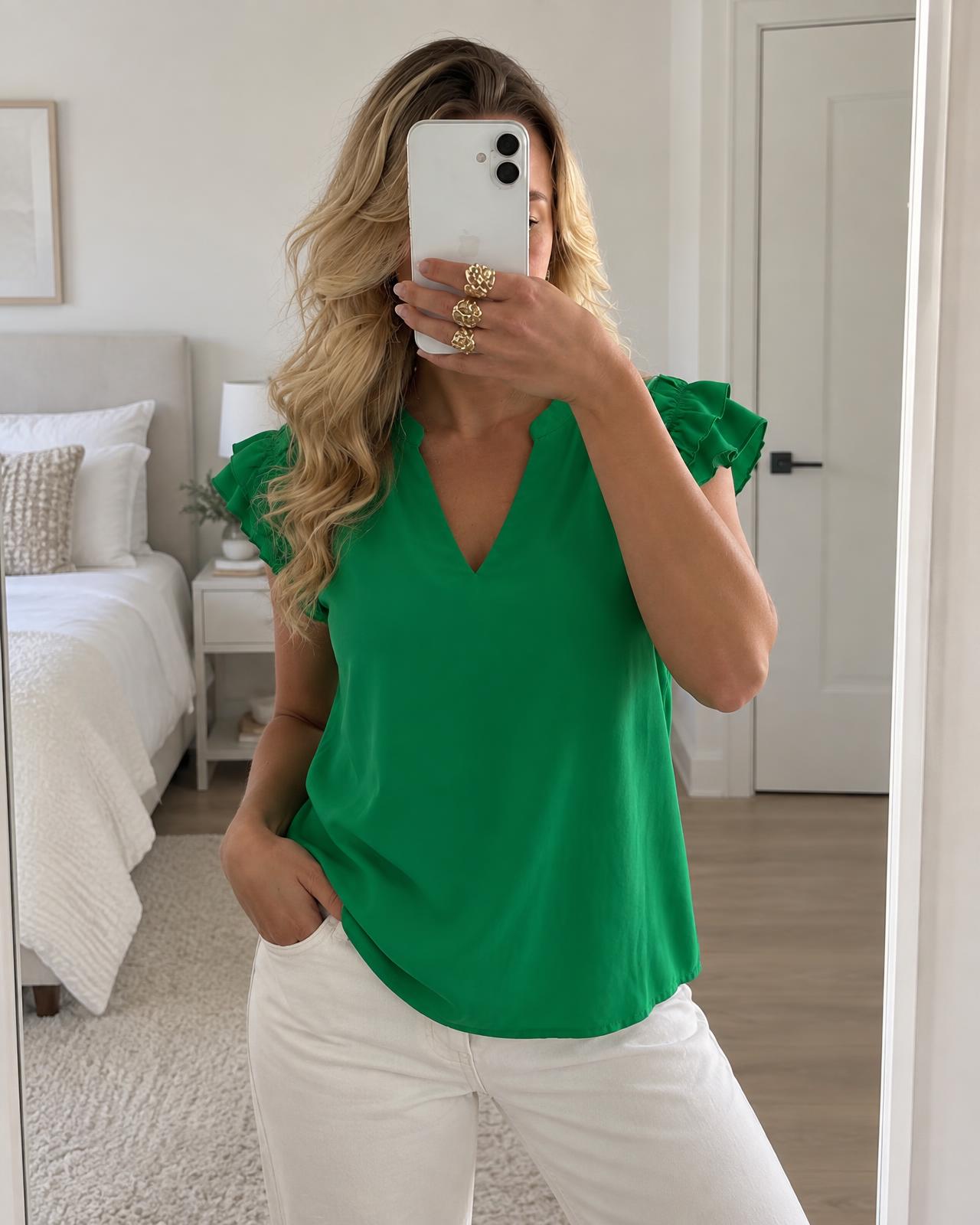 Emerald Green Blouse with Ruffle Sleeves & V-Neck – Very Good