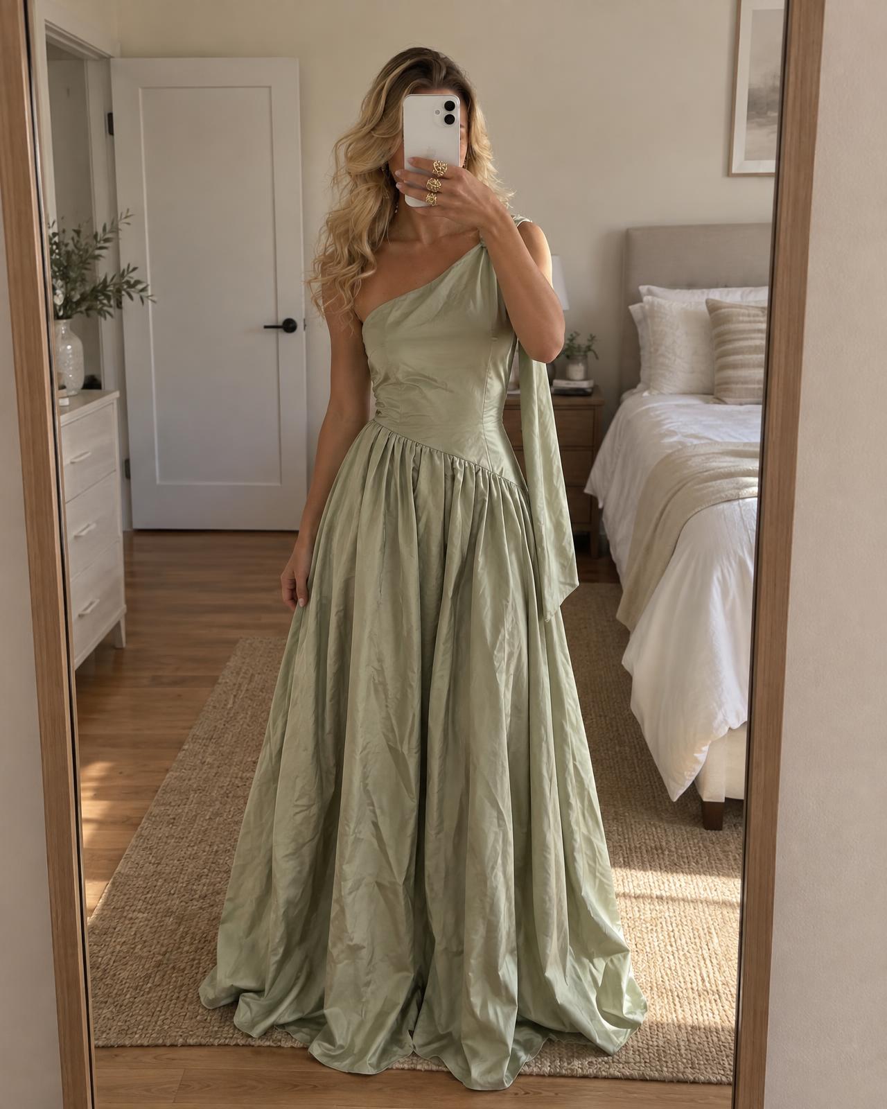 Sage Green Satin Long-Sleeve Maxi Dress New With Tags