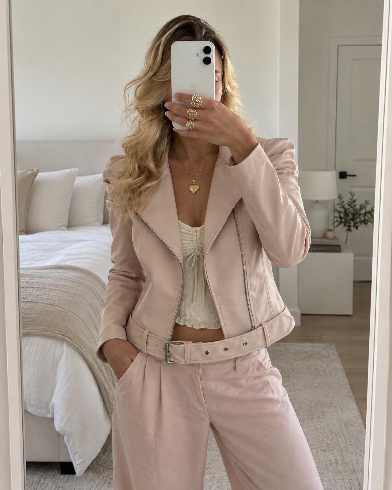Quiz blush faux leather biker jacket with belted hem