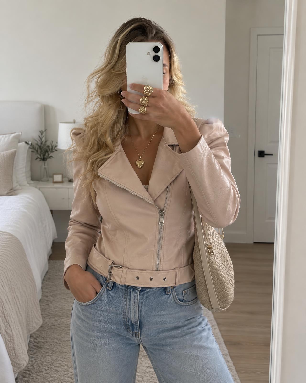 QUIZ Blush Faux Leather Biker Jacket with Belt - Very Good