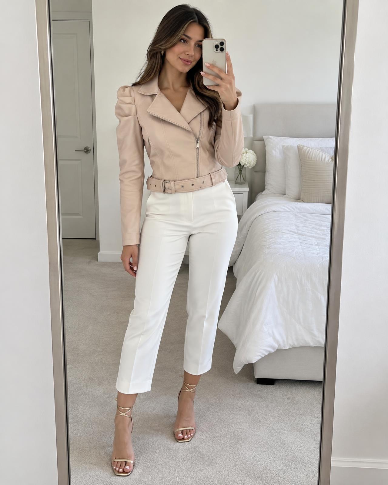 Quiz blush faux leather biker jacket with belt