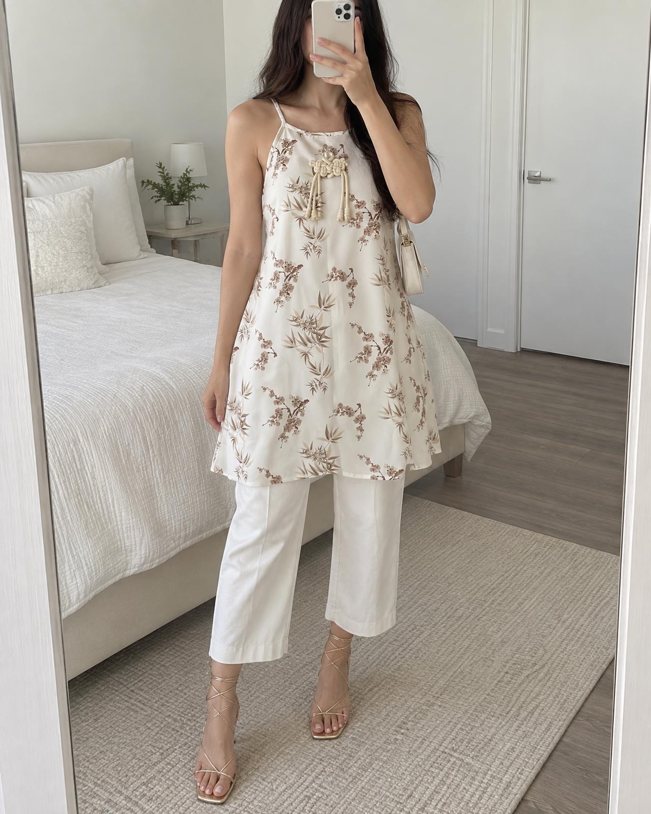 Floral Botanical Slip Dress with Braided Tassel Detail