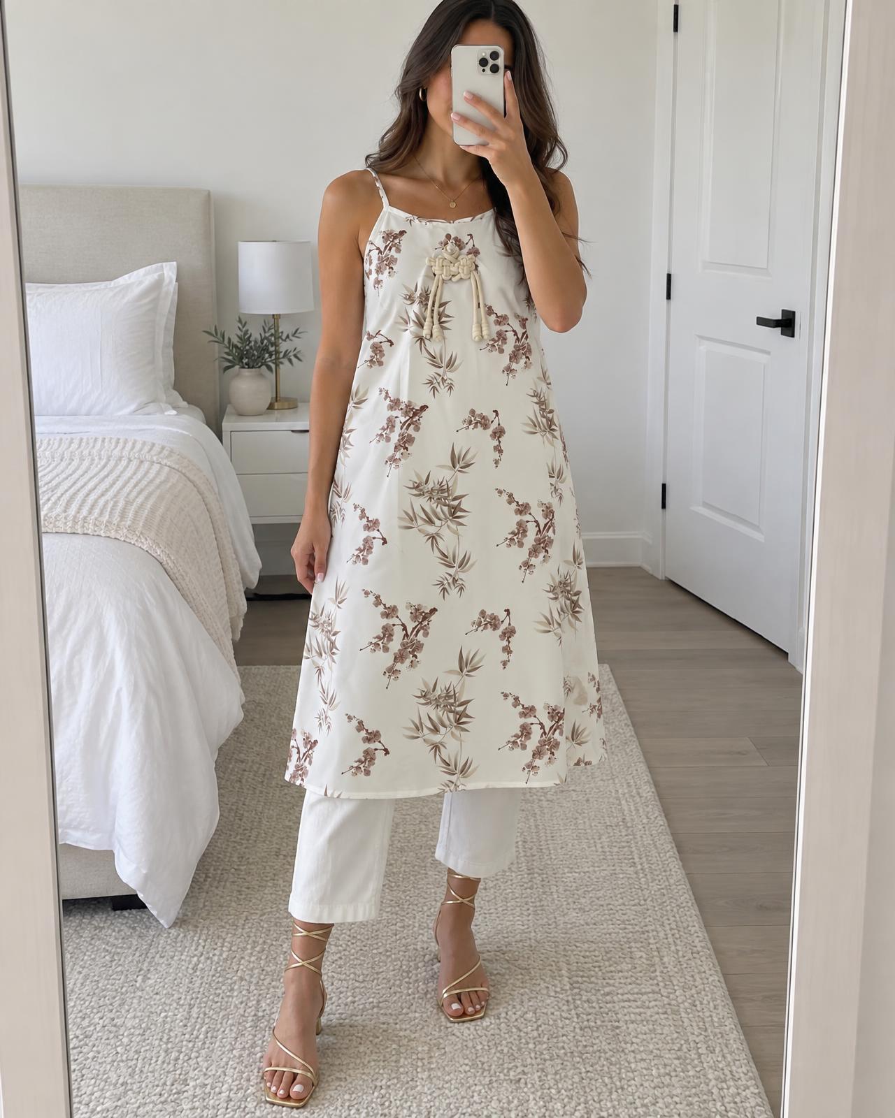 Floral Spaghetti Strap Shift Dress with Knot Detail