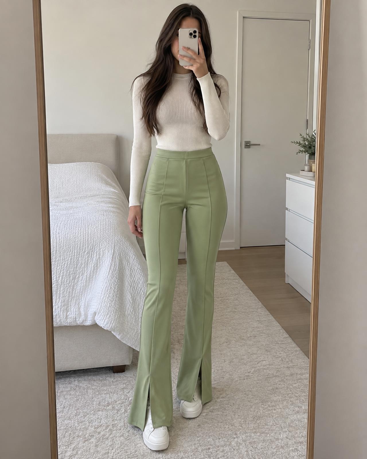 HOUNCE sage green high-waisted tailored flared trousers NWT