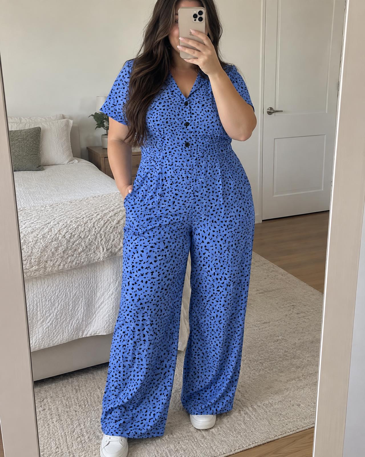 Blue Printed Wide-Leg Button-Front Jumpsuit New With Tags