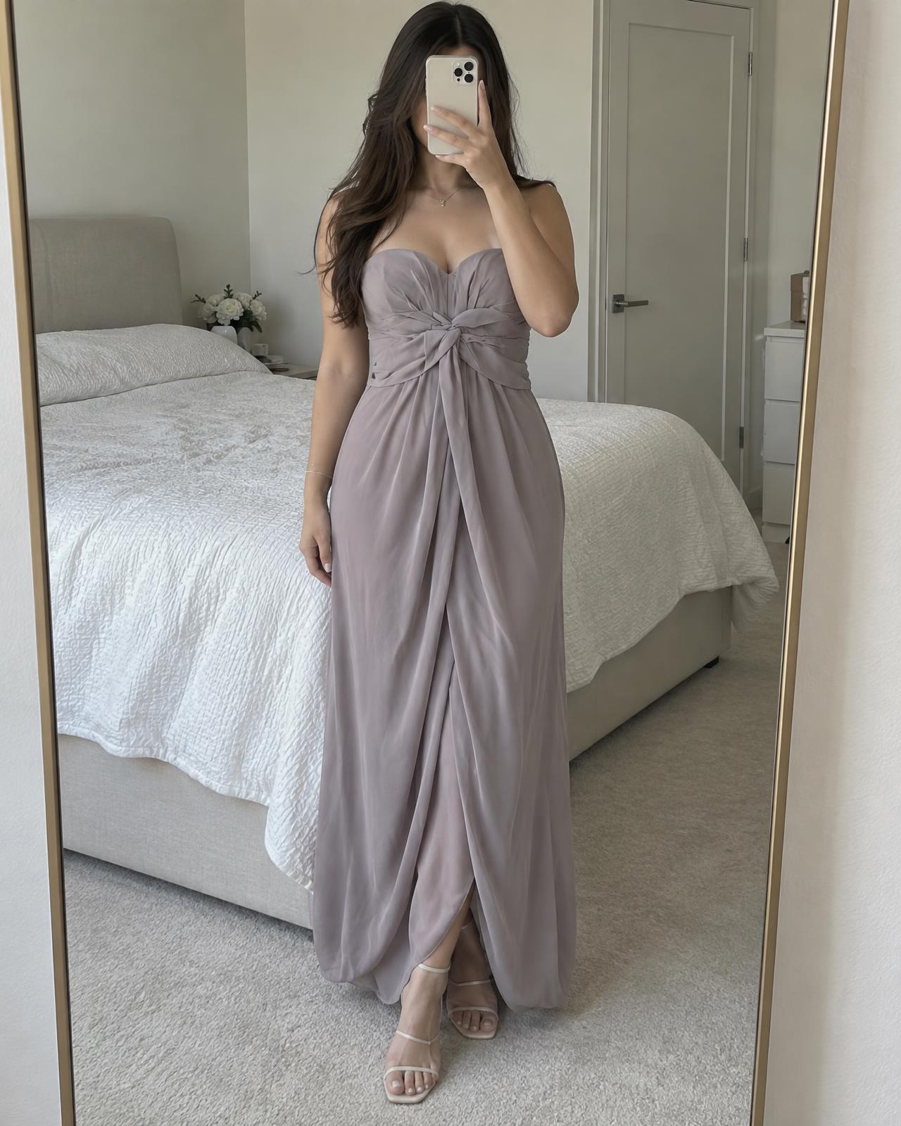 Dusty mauve draped maxi dress with tie waist – very good