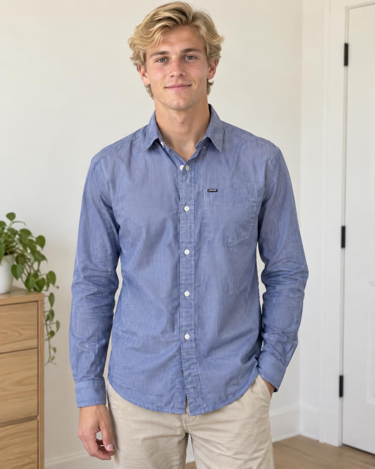 Blue Men's Long Sleeve Button-Down Shirt with Curved Hem