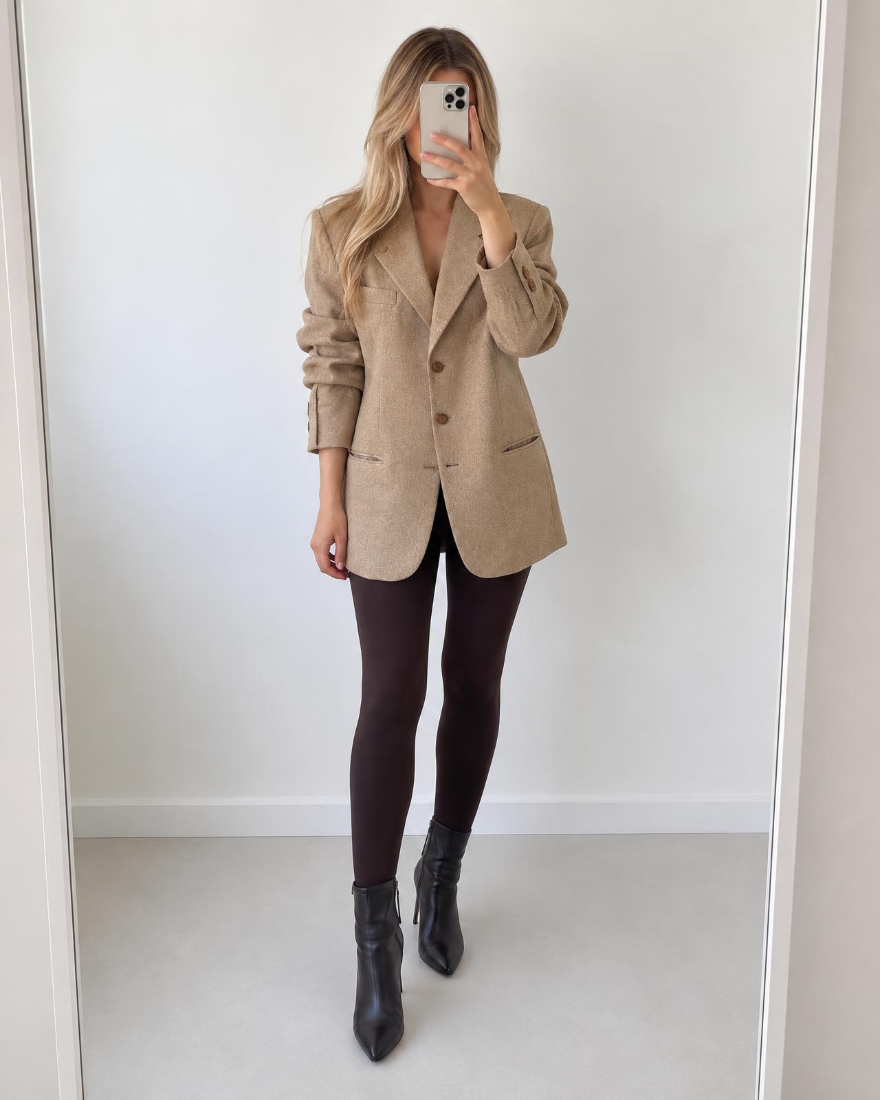 Beige Tailored Blazer with Blue Lining and Gathered Cuffs