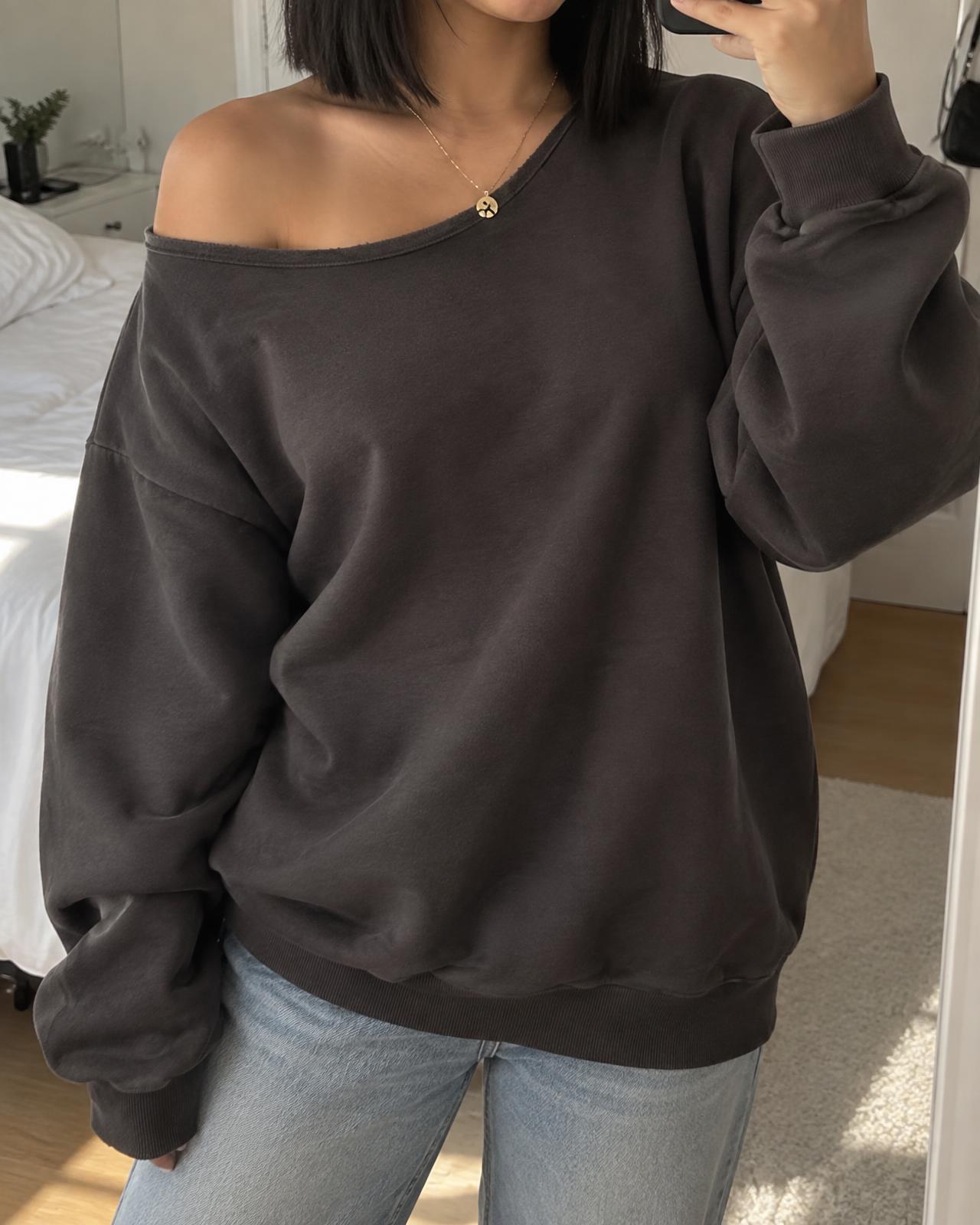 Charcoal Grey Crew Neck Sweatshirt with Raw Edge Detail