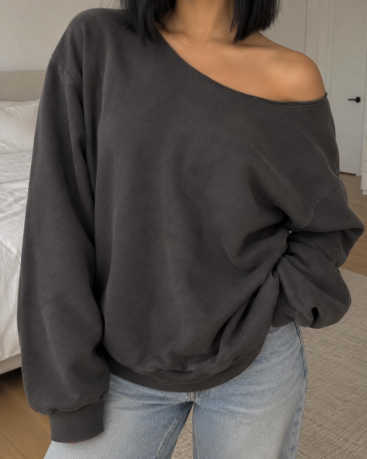 Dark charcoal crew neck sweatshirt with ribbed trims