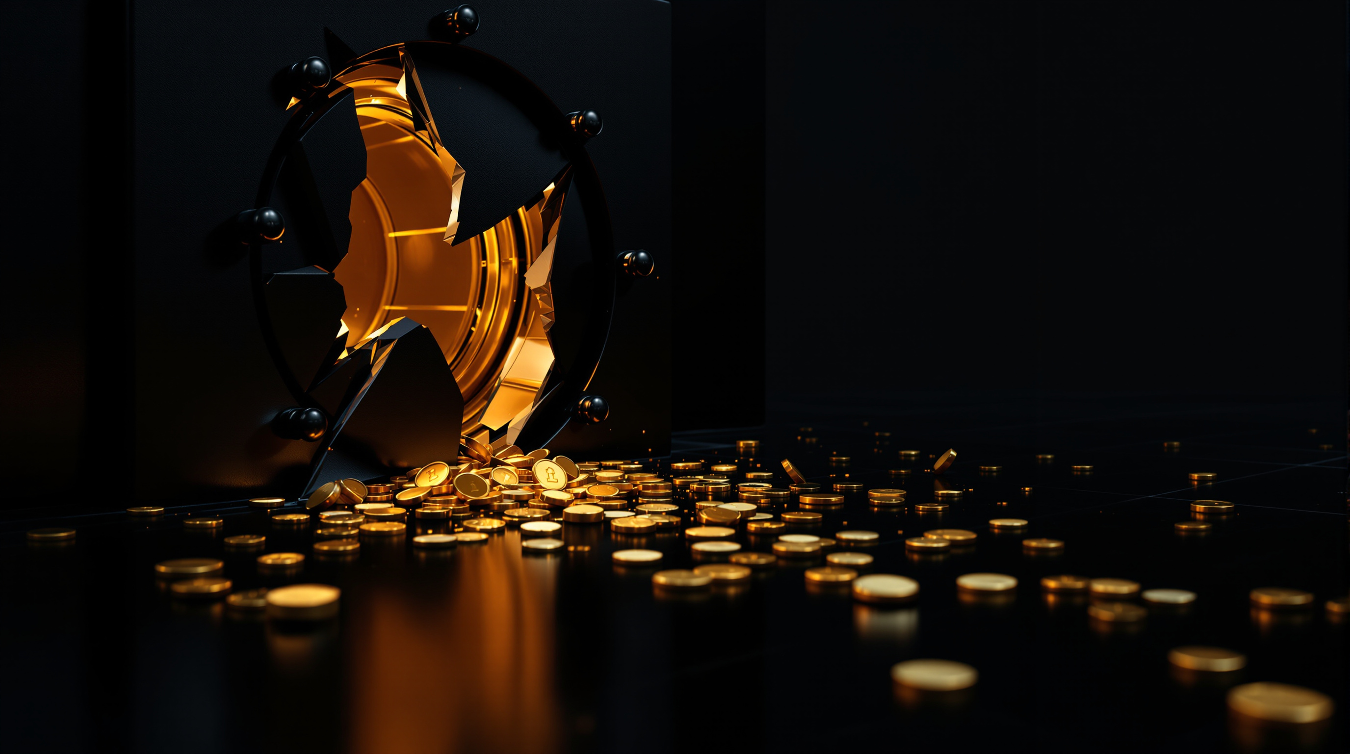 a partially shattered matte-black bank vault door, slightly ajar, with a sparse stream of burnished gold coins and a few scattered lock fragments on a — editorial cover artwork for the Knightron story on Bitget CEO Says Exchange 'Not Expecting To Recover A Lot' Of